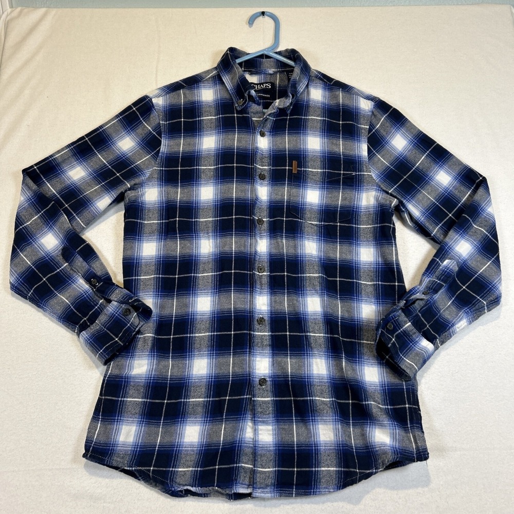 Chaps Flannel Mens Shirt Long Sleeve Button Down Small Performance Blue Plaid